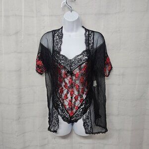 Vintage Bliss Robe Bodysuit Set Black Red Mesh Lace Whimsigoth Fairy S
